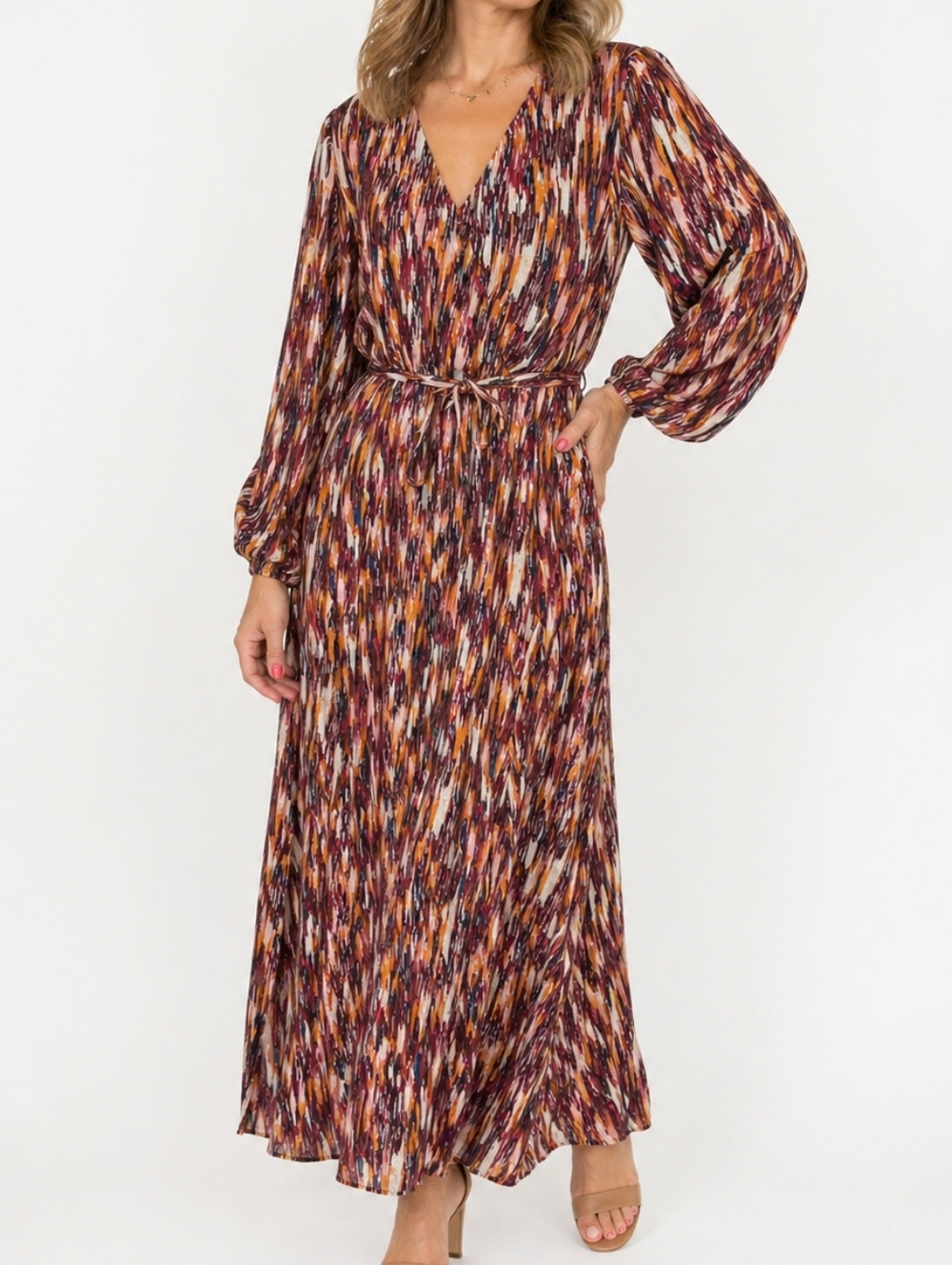 MSK V-Neck Long Sleeve Maxi Dress in Autumn Multi-Print NWT